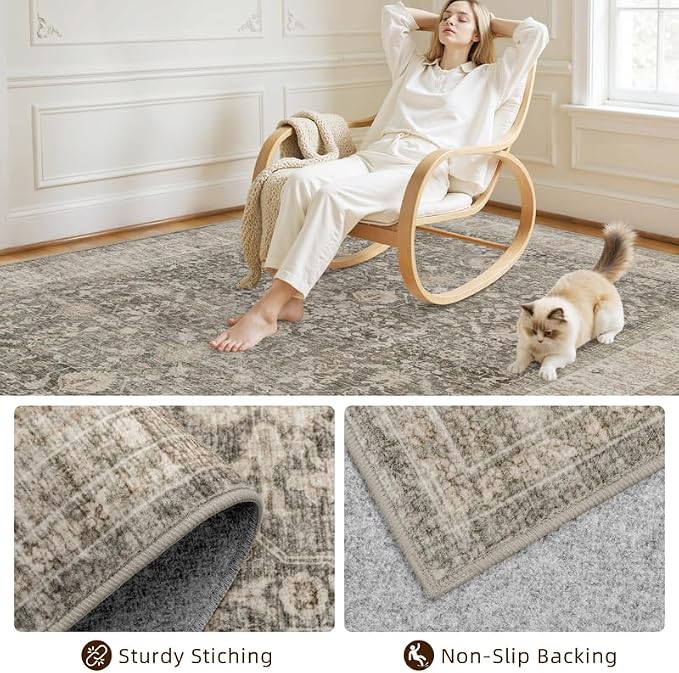 Area Rugs 9x12 Living Room: Vintage Boho Neutral Washable Rug Indoor Soft Large - Image 4