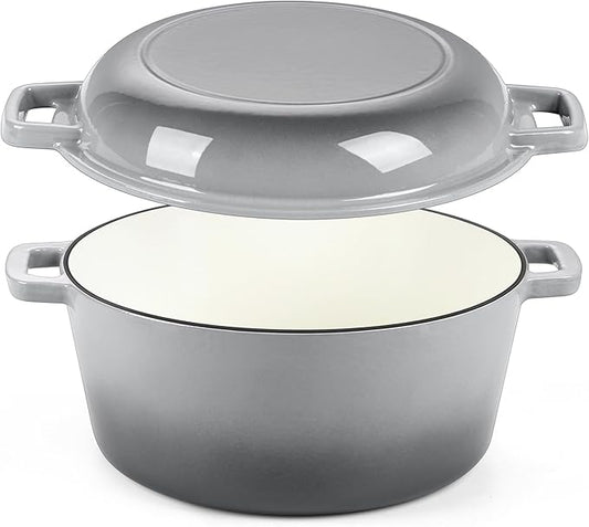 P&P CHEF 5Qt Dutch Oven Pot for Bread Baking, 2 In 1 Round Cast Iron Dutch Oven by PPCHEF