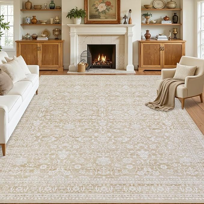 8x10 Area Rugs for Living Room: Vintage Boho Neutral Washable Rug Indoor Soft by Luxturiy
