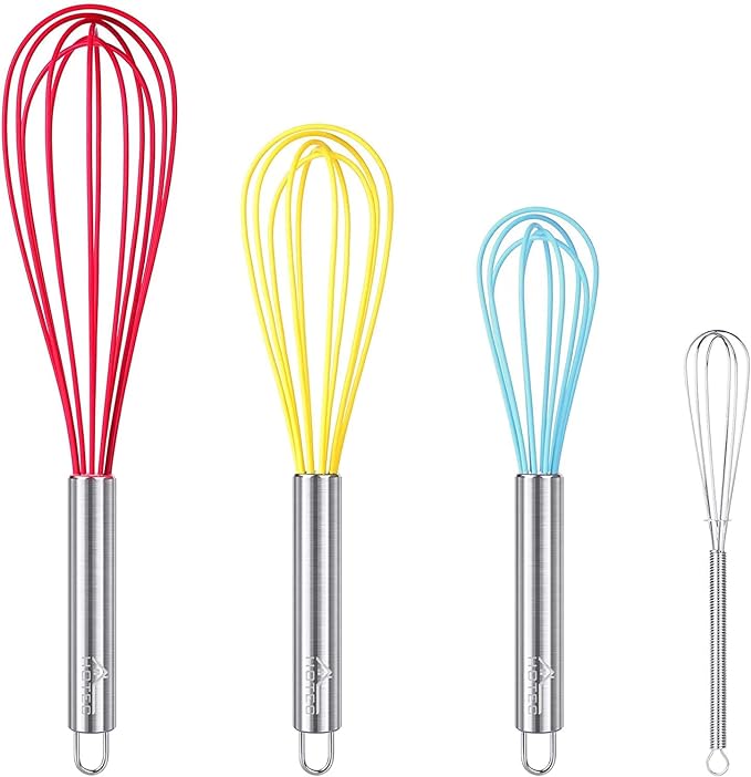 HOTEC 4 Pieces Silicone Whisks Set, Wire Balloon Whisks Egg Beater, Non-slip by Hotec