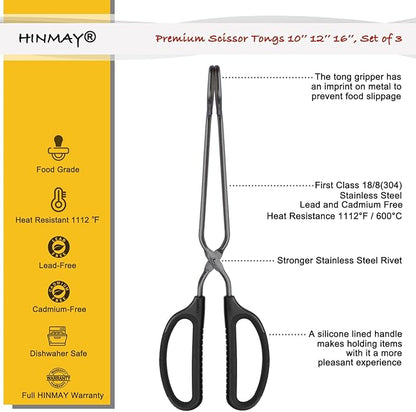HINMAY 10" 12" 16" Stainless Steel Kitchen Tongs Set, Non-Slip Comfortable Grip - Image 2