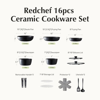 Redchef 16pcs Ceramic Pots and Pans Set Non Stick, Nonstick Kitchen Cookware Set - Image 9