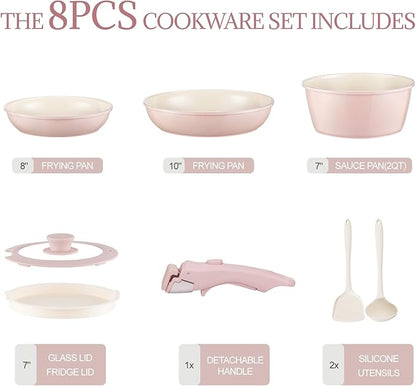 Ceramic Cookware Set Non Stick 8Pcs Pots and Pans Set Removable Handle - Image 2