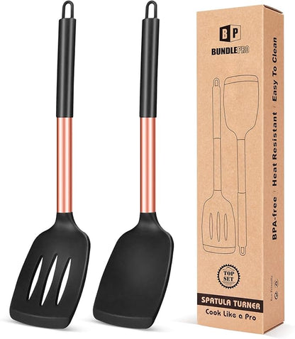 Pack of 2 Silicone Solid Turner, Non Stick Slotted Kitchen Spatulas, High Heat by BUNDLEPRO