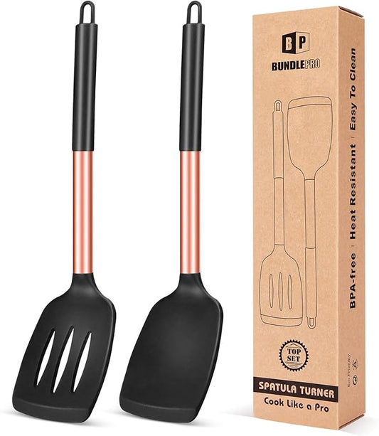 Pack of 2 Silicone Solid Turner, Non Stick Slotted Kitchen Spatulas, High Heat by BUNDLEPRO