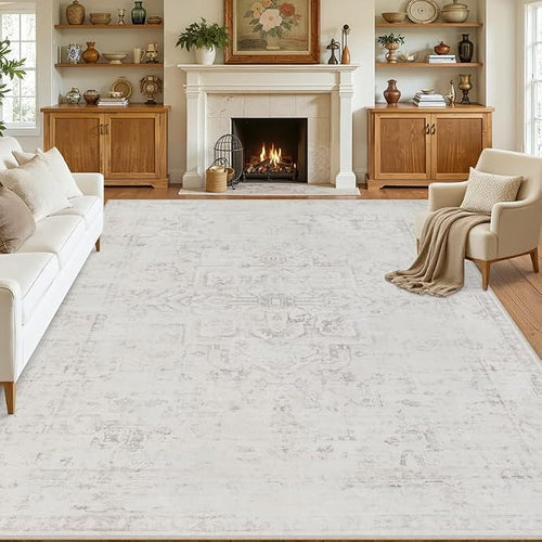 8x10 Area Rugs for Living Room: Vintage Boho Neutral Washable Rug Indoor Soft by Luxturiy