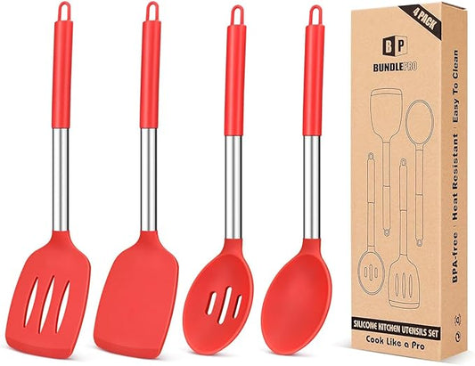 Pack of 4 Silicone Cooking Utensils Set, Non Stick Large Solid Spatulas by BUNDLEPRO