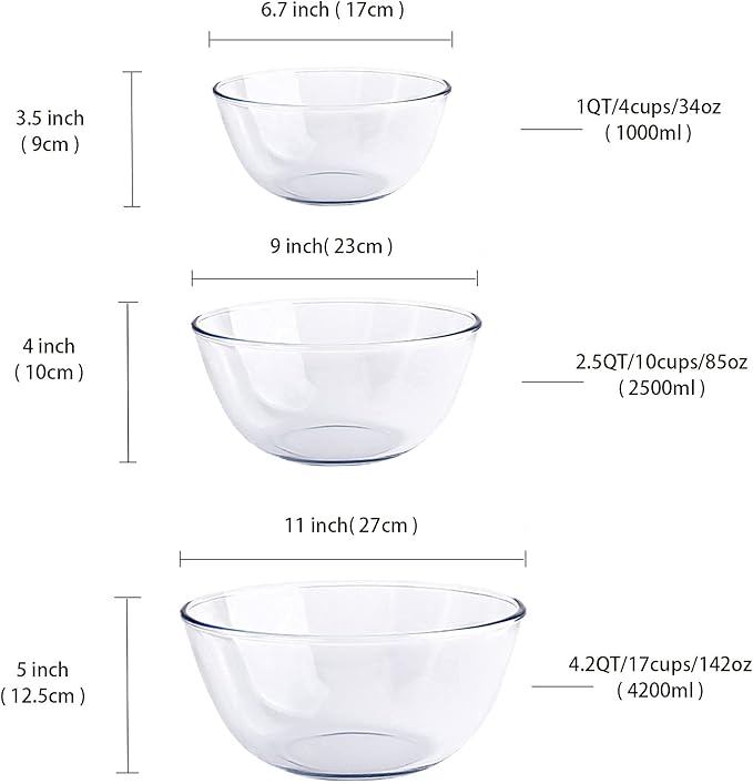 Homwin Glass Mixing Bowl Set for Baking 3-Piece Salad Bowl Set, High - Image 3