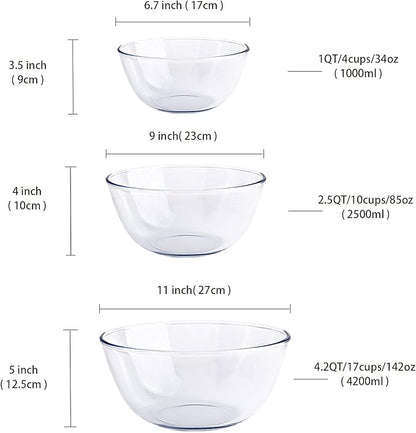 Homwin Glass Mixing Bowl Set for Baking 3-Piece Salad Bowl Set, High - Image 3