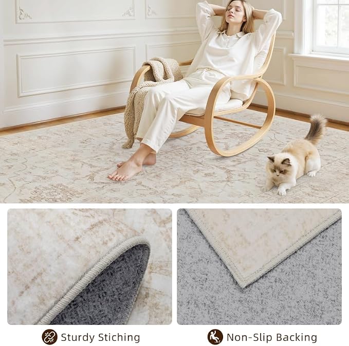 5x7 Area Rugs for Living Room: Vintage Boho Neutral Washable Rug Indoor Soft - Image 4