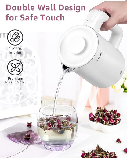 0.6L Small Electric Tea Kettle Lightweight, 20 Ounce Double Wall Hot Water Boiler Stainless Steel Auto Shut-off, 120V Portable Travel Electric Kettle Fast Boil for Tea and Coffee,White