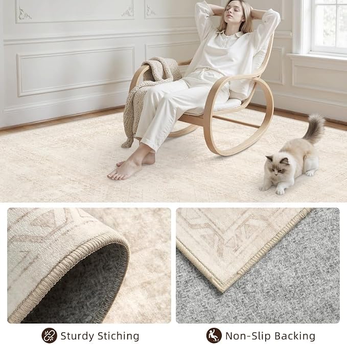 Round Area Rug for Living Room: 8ft Vintage Boho Neutral Washable Circle Rug - Image 7