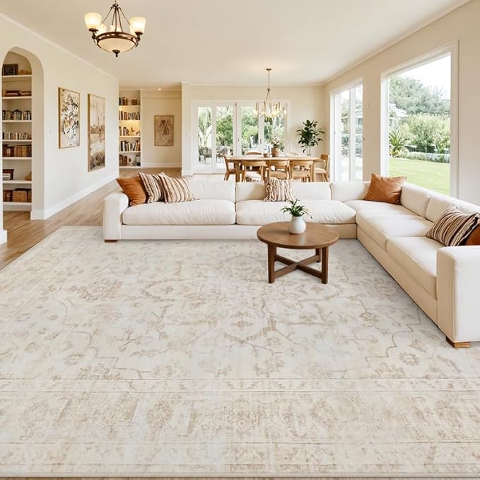 10x12 Area Rug for Living Room: Vintage Boho Neutral Washable Rug Indoor Soft by Luxturiy