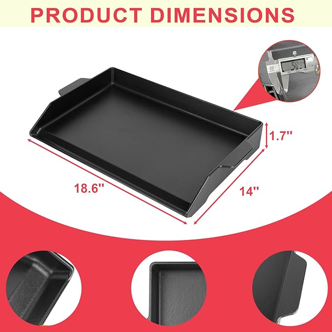 Universal Flat Top Griddle for Gas Grill, Gas Stove,Grill Flat Insert for Outdoor Grills, Stove-Top Griddles for 4 Burner Range Oven, 18.6" × 14" Large Nonstick Cast Iron Cooking Griddle
