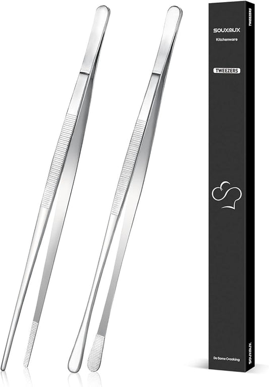 2 Pcs 12-inch Cooking Tweezers Tongs Precision Serrated Tips, Stainless Steel by SOUXMUX