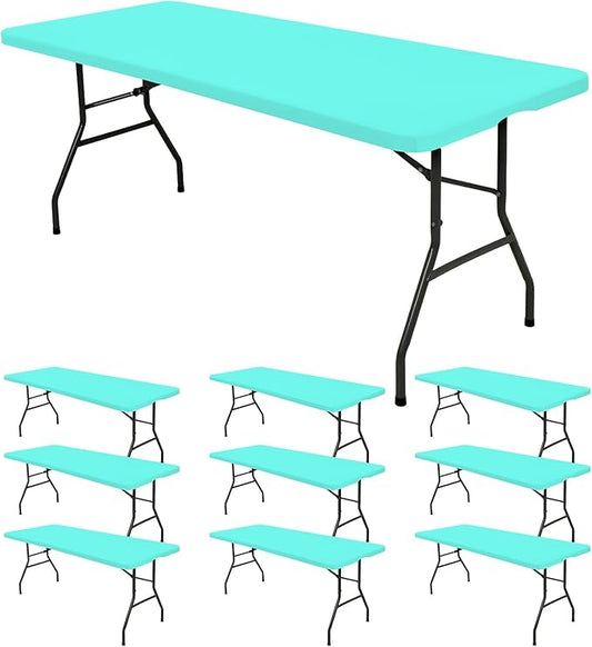 10 Pack Fitted Tablecloth for 6 Foot Rectangle Tables, Aqua Blue Elastic Outdoor Picnic Table Cover, Washable Stretch Folding Table Cloths 6 ft for Camping Party Patio Kitchen Banquet, 30" W x 72" L