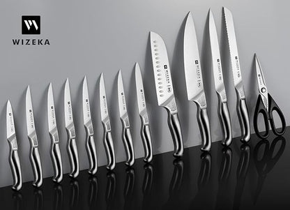 WIZEKA Kitchen Knife Set with Block: 15PCS German Stainless Steel Knife Block - Image 6