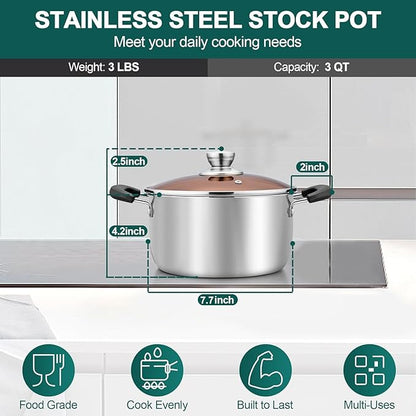 TeamFar 3 Quart Stock Pot, Stainless Steel Stock Pasta Soup Pot - Image 2