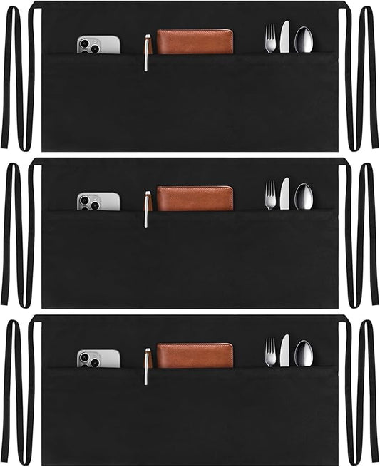NLUS 3 Pack Server Aprons with 3 Pockets, Water Oil Stain Resistant Waitress by NLUS