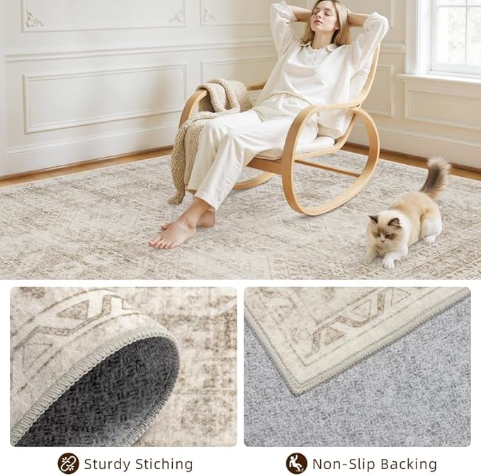 10x12 Area Rug for Living Room: Vintage Boho Neutral Washable Rug Indoor Soft - Image 4