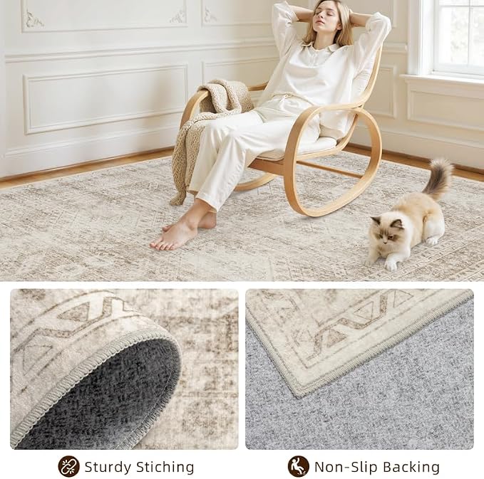 8x10 Area Rugs for Living Room: Vintage Boho Neutral Washable Rug Indoor Soft - Image 4