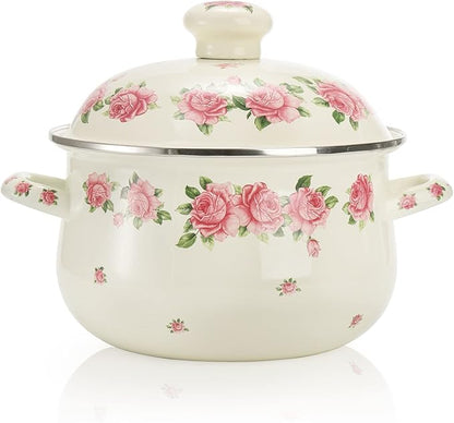 SOUJOY Enamel Stockpot with Lid, 2.8 Quart Retro Cooking Pot, Vintage Floral by SOUJOY