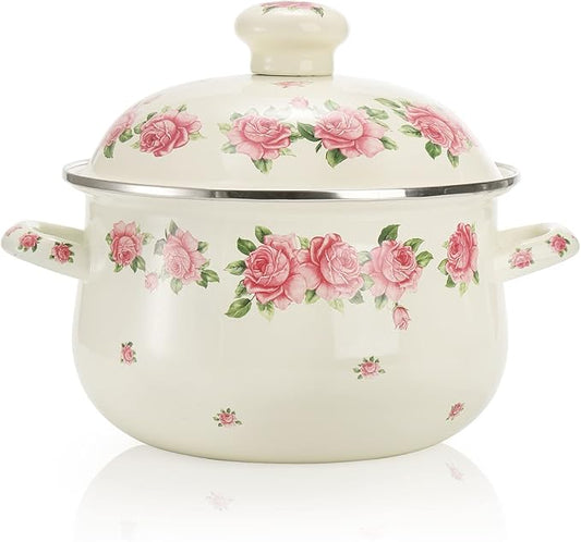 SOUJOY Enamel Stockpot with Lid, 2.8 Quart Retro Cooking Pot, Vintage Floral by SOUJOY