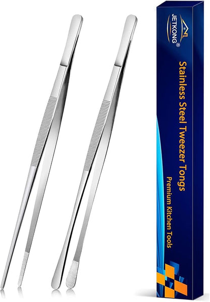 JETKONG 2 Pcs 10-Inch Cooking Tweezers Stainless Steel, Straight Food Tweezers by JETKONG