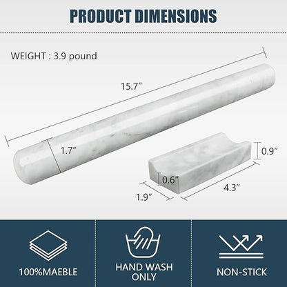 Marble Rolling Pin with Stand, 15.7" White Stone French Heavy Polished Non - Image 2