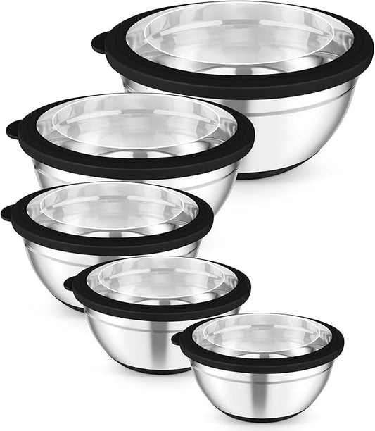 TeamFar Mixing Bowls, 5PCS Stainless Steel Serving Salad Bowls with Lids, For Kitchen Mixing/Baking/Storing/Prepping, Visible & Airtight, Non-Slip Bottom - 4.6/3.5/1.5/1 / 0.7 QT, Black
