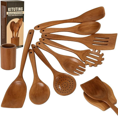 Wooden Spoons for Cooking Set of 10 by Kituting