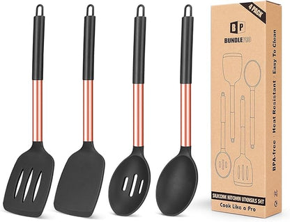 Pack of 4 Silicone Cooking Utensils Set, Non Stick Large Solid Spatulas by BUNDLEPRO