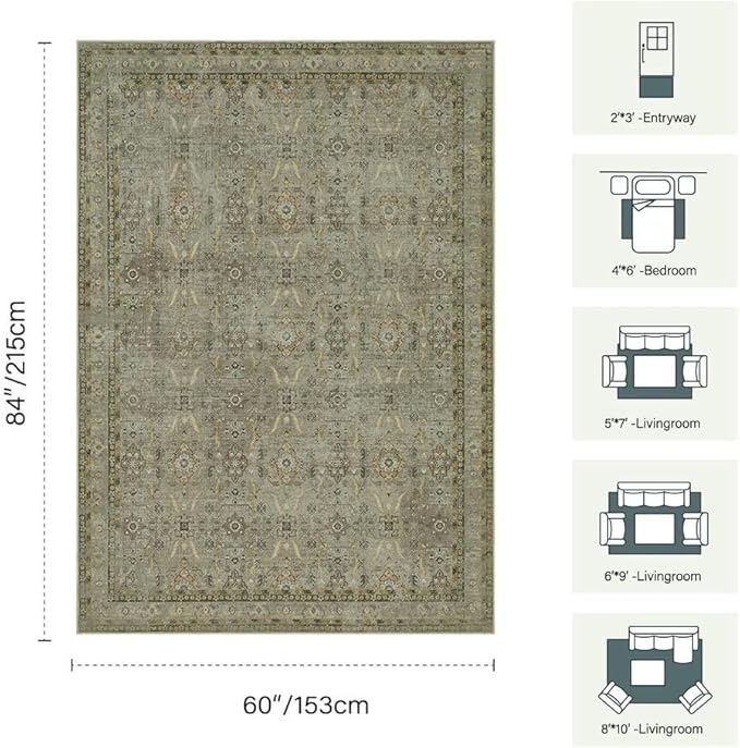 Rugxara 5x7 Area Rugs for Living Room Bedroom, Washable Rug, Vintage Floral - Image 2