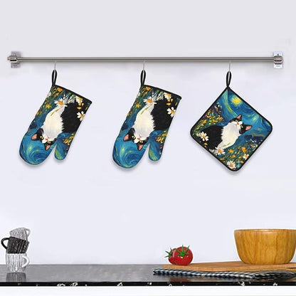 Funny Black Cat Oven Mitts and Hot Pads Set of 3, Abstract Cute Kitchen Mitts - Image 6