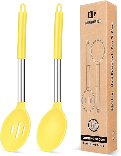 Pack of 2 Large Silicone Cooking Spoons, Non Stick Solid Basting Spoon by BUNDLEPRO