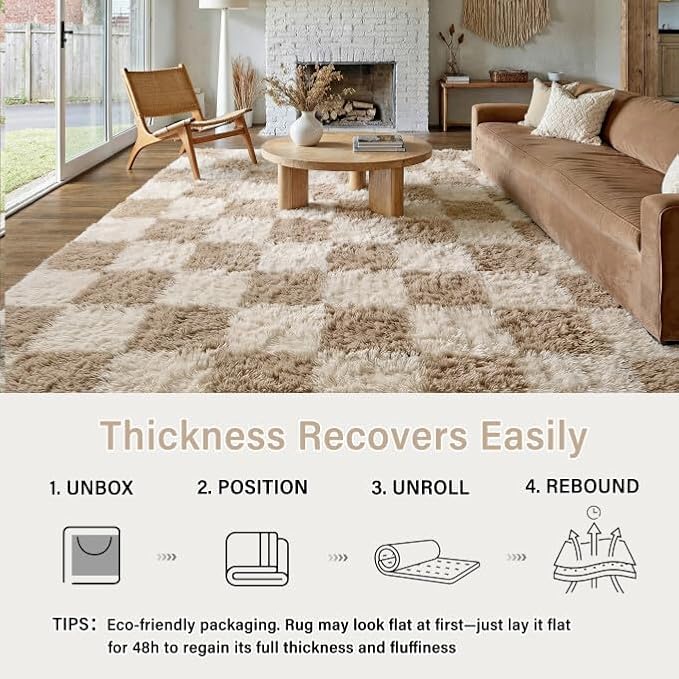 PureCozy Beige 4x6 Area Rugs for Kids Room Soft Shag Checkered Rug Modern - Image 4