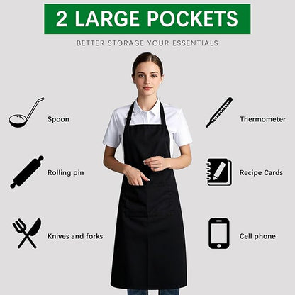 Bib Apron - Unisex Black Aprons 2 Pockets Cooking Kitchen Apron - Image 5