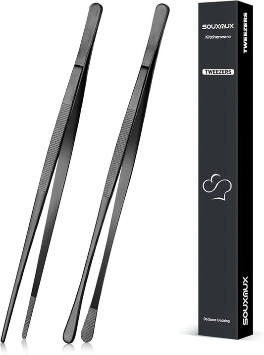 2 Pcs 10-inch Cooking Tweezers Tongs Precision Serrated Tips, Stainless Steel by SOUXMUX