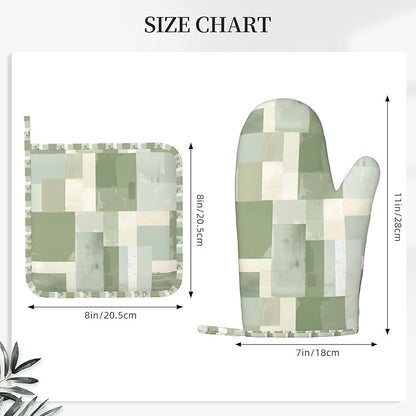 Oven Mitts and Pot Holders Set, Modern Art Pastel Green Geometric Silicone - Image 3