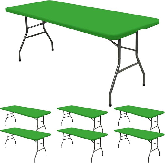 6 Pack Fitted Tablecloth for 8 Foot Rectangle Tables, Green Elastic Outdoor Picnic Table Cover, Washable Stretch Folding Table Cloths 8 ft for Camping Party Patio Kitchen Banquet, 30" W x 96" L