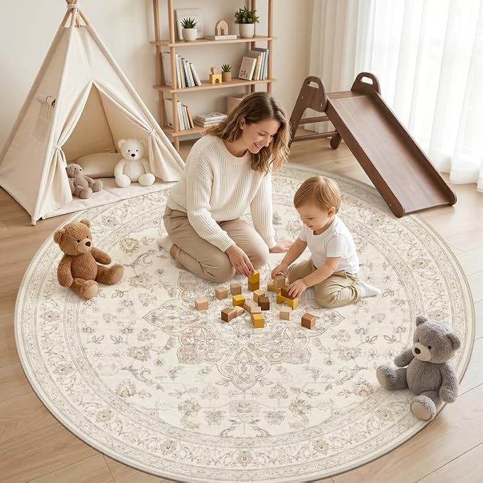 Round Area Rug for Living Room: 6ft Vintage Boho Neutral Washable Circle Rug - Image 3