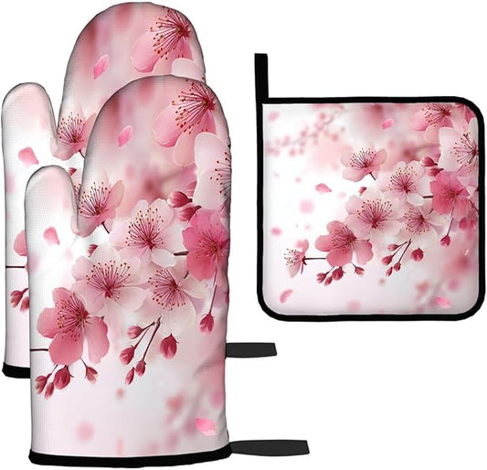 LOKMU Oven Mitts and Pot Holders Set of 3, Watercolor Pink Cherry Blossoms by LOKMU