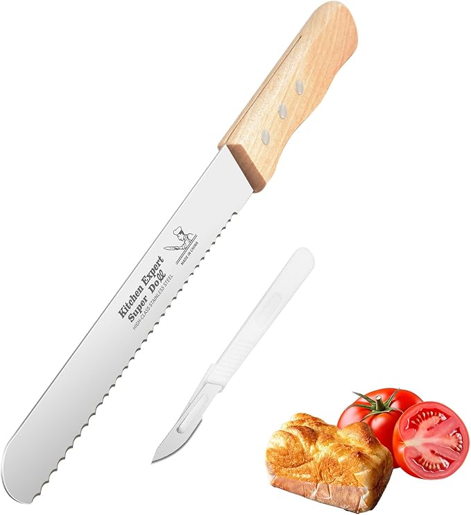 2-Pack Bread Knife & Bread Lame Set: 8" Premium Stainless Steel Serrated Knives Blade with Wood Handle for Homemade Bread, Sourdough Tomato, Bagel + Dough Scoring Tool for Razor Sharp Carving