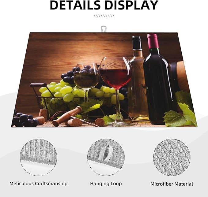 Red White Wine Dish Drying Mat Retro Fruit Grapes Wooden Board Drying Rack Pad - Image 2