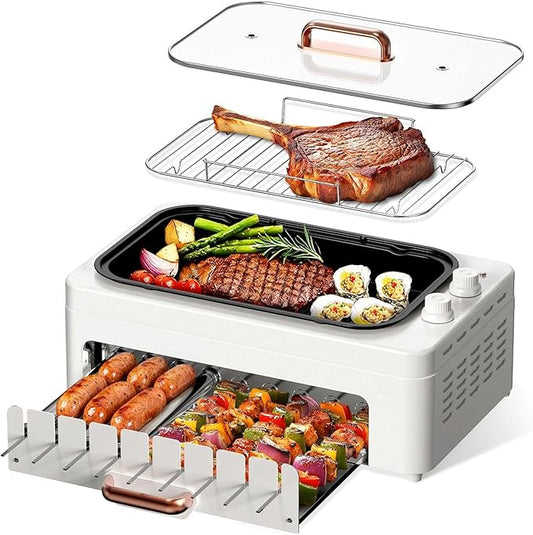 4-in-1 Electric Indoor Grill Smokeless for Home,Countertop Electric Grill with Removable Sizzle Grill Pan & Grate + Auto Rotating Kabob Skewers + Electric Hot Dog Roller Dual Zone Cooking with Lid