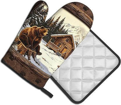 Vintage Oven Mitts and Pot Holders Sets Rustic Cabin Kitchen Gloves Bear Hot - Image 2
