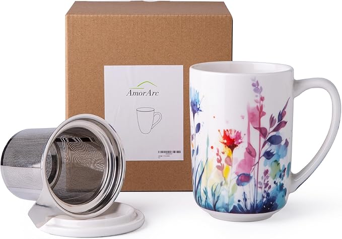 AmorArc Porcelain Tea Mug with Infuser and Lids, 18 Oz Large Cup Strainer with - Image 8