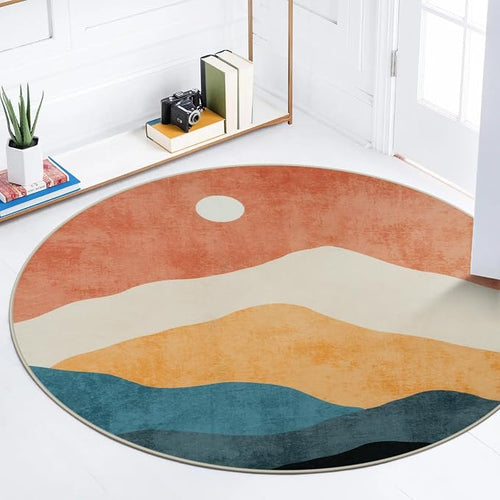 Abstract Round Rug 3ft, Faux Wool Soft Throw Area Rugs, Washable Farmhouse by Sungea