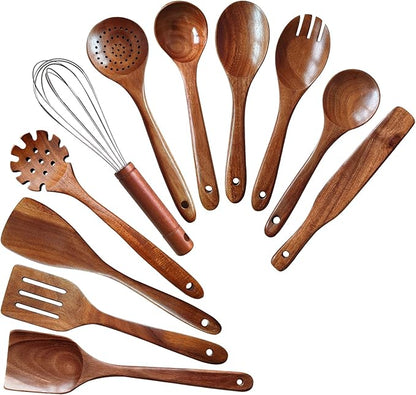 Wooden Spoons for Cooking 11 Pieces Set, High Quality Wooden Kitchen Utensil Set by YYLTJR