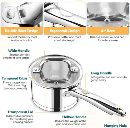P&P CHEF 2 Quart Saucepan with Lid Set, Stainless Steel Small Cooking Pot - Image 3